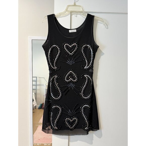 Black mesh sleeveless mini dress with silver sequin and bead embellishments - Picture 1 of 5